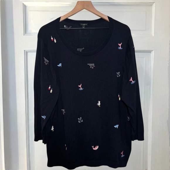 Talbots Sweater Nautical Embroidered Woman's XXL Three-Quarter-Sleeve Dark Navy - Picture 2 of 9